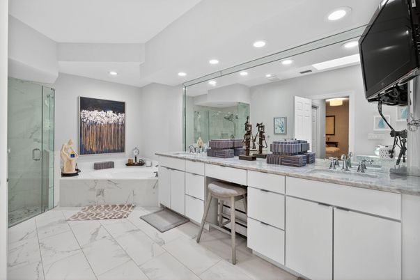 Bathroom, Dual Sink Vanities, Glass Shower, Interior, Marble, Recessed Lighting