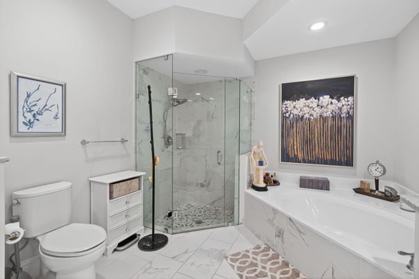 Bathroom, Glass Shower, Interior, Marble, Marble Walls, Recessed Lighting