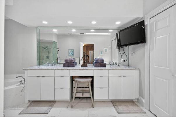Bathroom, Dual Sink Vanities, Interior, Marble, Recessed Lighting
