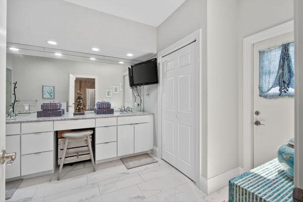 Bathroom, Dual Sink Vanities, Interior, Marble, Recessed Lighting
