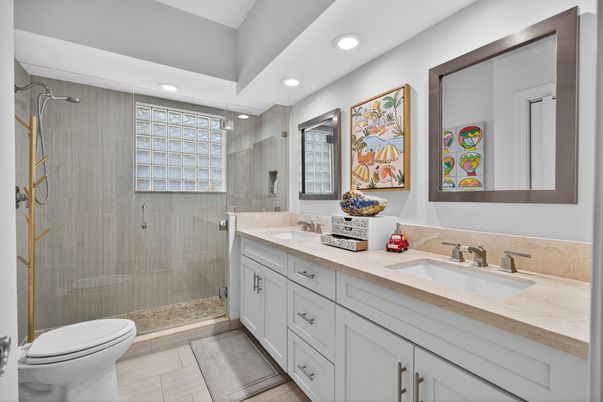 Bathroom, Dual Sink Vanities, Glass Shower, Interior, Recessed Lighting