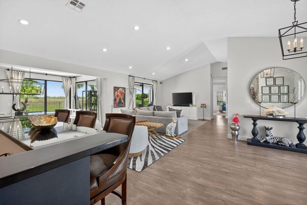 Dining room, Interior, Living room, Pendant Lights, Recessed Lighting, Wood Texture Flooring