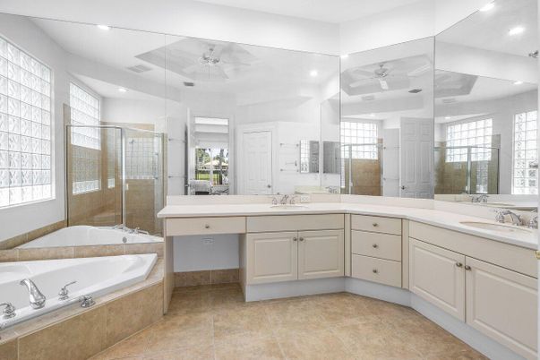 Bathroom, Dual Sink Vanities, Glass Shower, Interior, Recessed Lighting