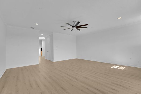 Empty room, Interior, Recessed Lighting, Wood Texture Flooring
