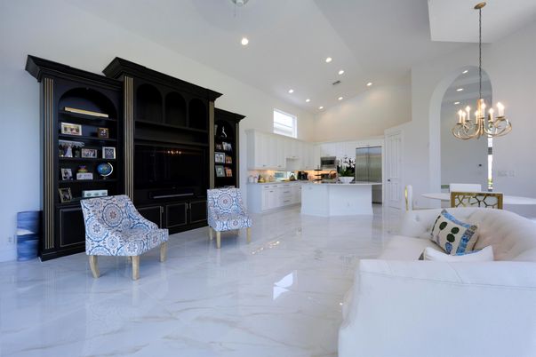 Chandelier, Dining room, Interior, Kitchen, Living room, Marble, Recessed Lighting