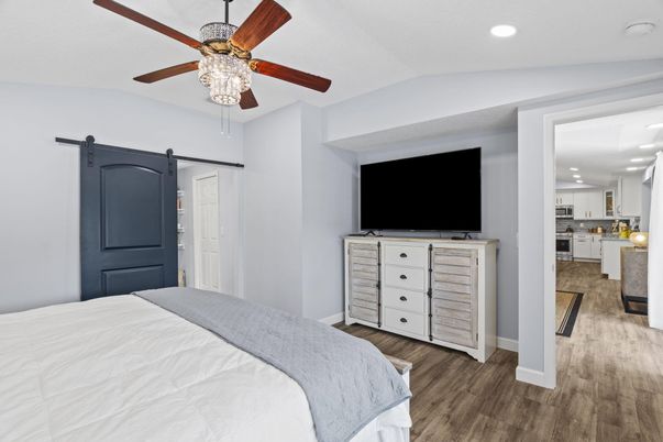 Bedroom, Interior, Recessed Lighting, Wood Texture Flooring