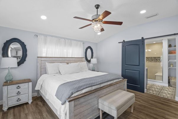 Bedroom, Interior, Recessed Lighting, Wood Texture Flooring