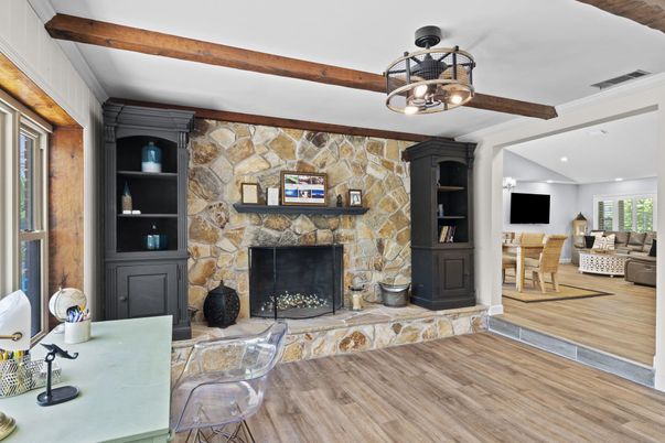 Fireplace, Interior, Living room, Recessed Lighting, Stone Walls, Wooden Beams, Wood Texture Flooring