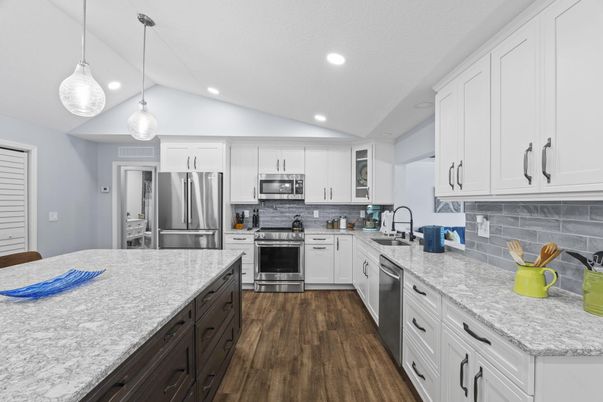 Interior, Kitchen, Pendant Lights, Recessed Lighting, Stainless Steel Appliances, Wood Texture Flooring