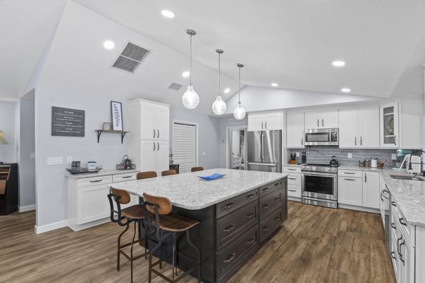 Interior, Kitchen, Pendant Lights, Recessed Lighting, Stainless Steel Appliances, Wood Texture Flooring