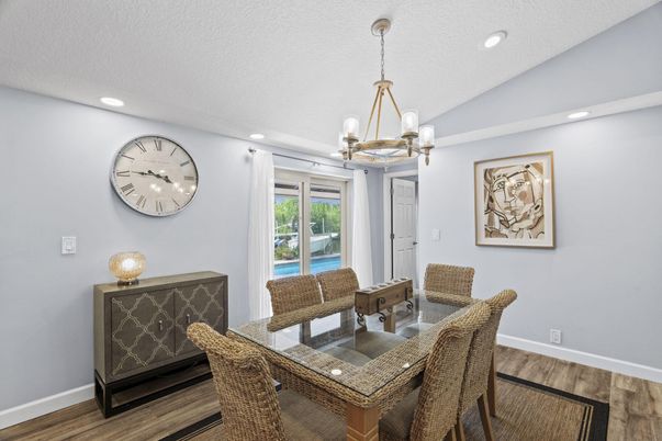Dining room, Interior, Pendant Lights, Recessed Lighting, Wood Texture Flooring