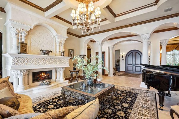 Chandelier, Fireplace, Interior, Living room, Piano
