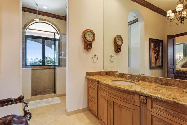 Bathroom, Chandelier, Dual Sink Vanities, Interior, Recessed Lighting