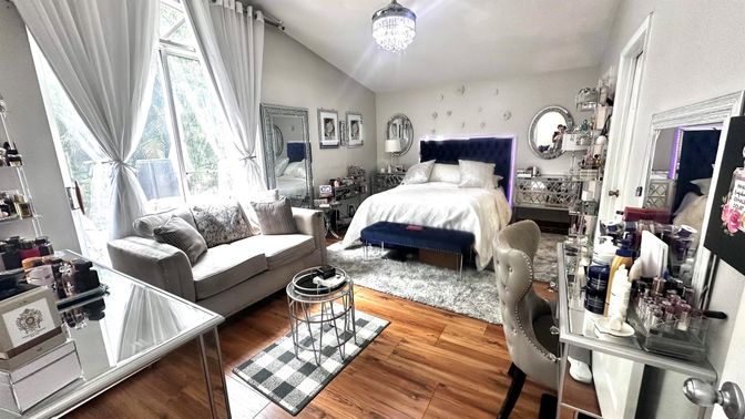 Bedroom, Chandelier, Interior, Wood Texture Flooring