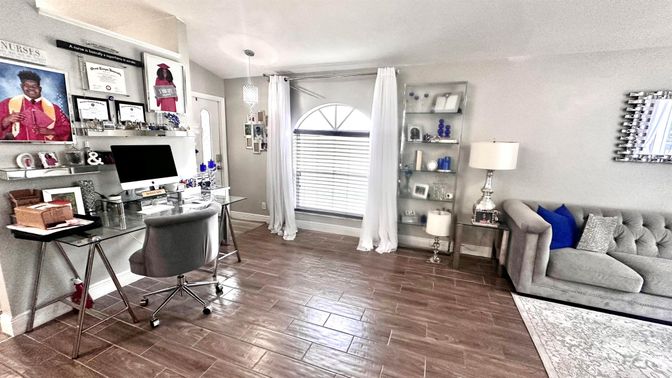 Home Office, Interior, Pendant Lights, Wood Texture Flooring