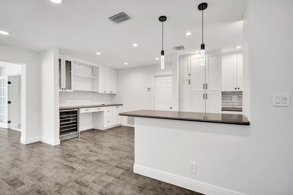 Interior, Kitchen, Pendant Lights, Recessed Lighting, Wood Texture Flooring