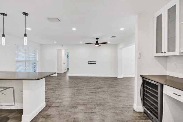 Empty room, Interior, Pendant Lights, Recessed Lighting, Wood Texture Flooring