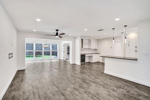 Empty room, Interior, Kitchen, Pendant Lights, Recessed Lighting, Wood Texture Flooring