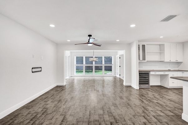 Empty room, Interior, Kitchen, Recessed Lighting, Wood Texture Flooring
