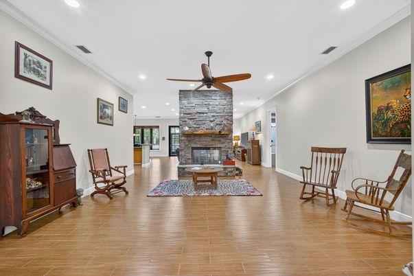 Fireplace, Interior, Living room, Recessed Lighting, Wood Texture Flooring