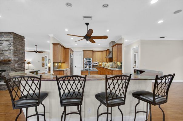 Interior, Kitchen, Recessed Lighting, Stone Walls, Wood Texture Flooring