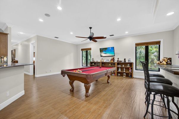 Billiard Table, Game Room, Interior, Recessed Lighting, Wood Texture Flooring