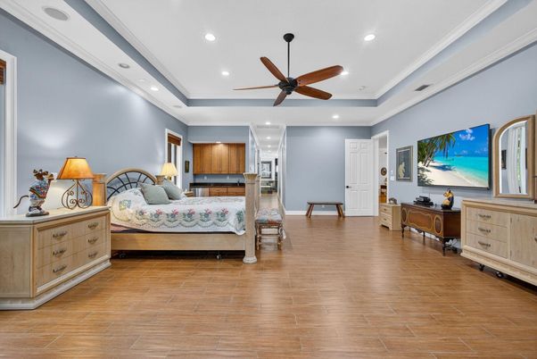 Bedroom, Interior, Recessed Lighting, Wood Texture Flooring
