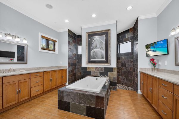 Bathroom, Dual Sink Vanities, Interior, Recessed Lighting, Wood Texture Flooring