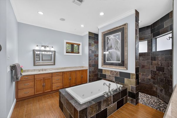Bathroom, Dual Sink Vanities, Interior, Recessed Lighting, Wood Texture Flooring