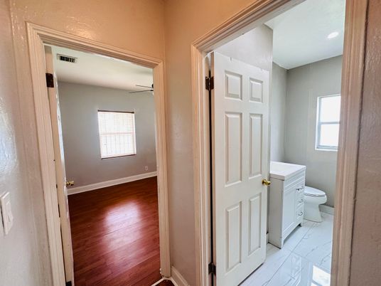 Bathroom, Interior, Marble, Recessed Lighting, Wood Texture Flooring