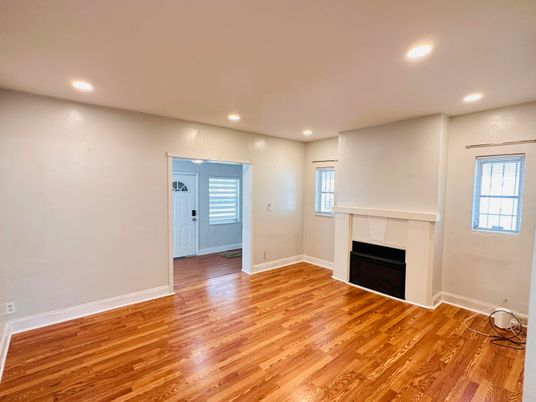 Empty room, Fireplace, Interior, Recessed Lighting, Wood Texture Flooring