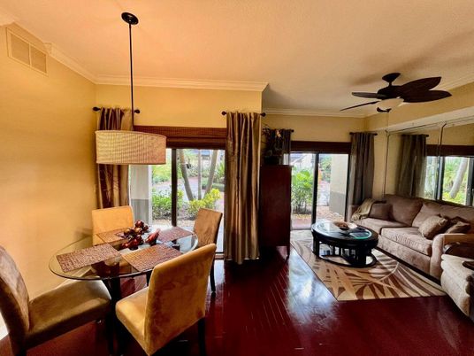 Dining room, Interior, Living room, Pendant Lights, Wood Texture Flooring