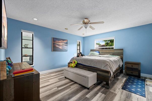 Bedroom, Interior, Recessed Lighting, Wood Texture Flooring