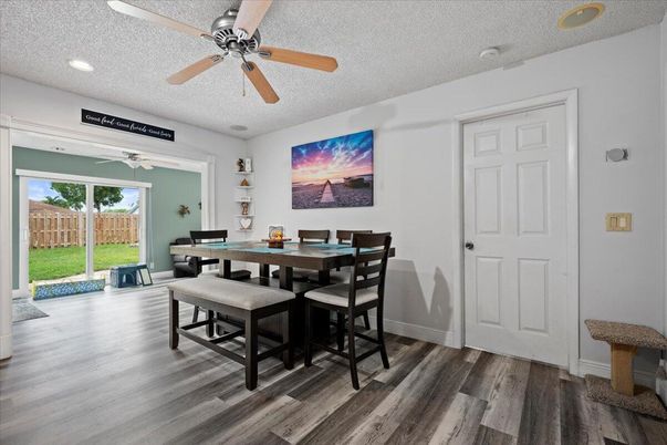 Dining room, Interior, Recessed Lighting, Wood Texture Flooring