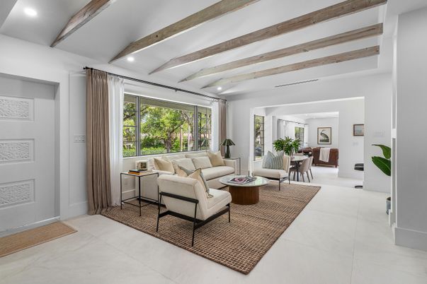Interior, Living room, Recessed Lighting, Wooden Beams