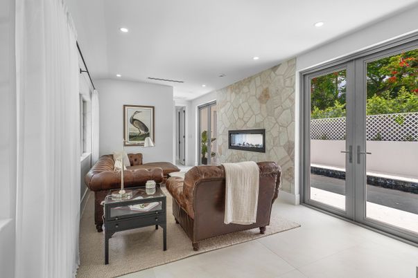 Interior, Living room, Recessed Lighting, Stone Walls