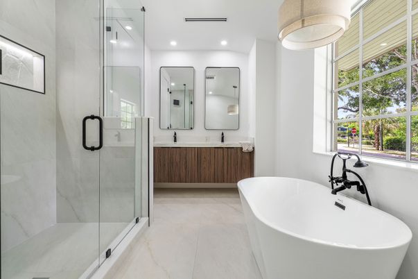 Bathroom, Dual Sink Vanities, Free Standing Baths, Glass Shower, Interior, Pendant Lights, Recessed Lighting