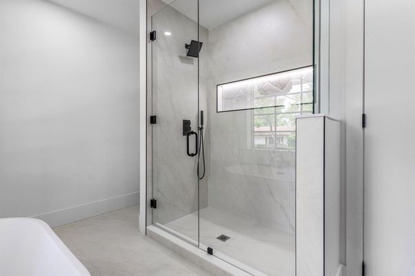Bathroom, Glass Shower, Interior, Marble Walls, Recessed Lighting