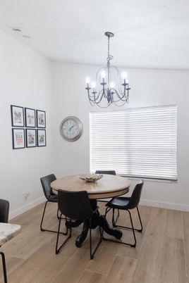 Chandelier, Dining room, Interior, Wood Texture Flooring