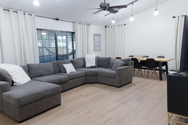 Dining room, Interior, Living room, Pendant Lights, Wood Texture Flooring
