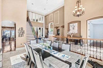 Chandelier, Dining room, Interior, Recessed Lighting, Wood Texture Flooring