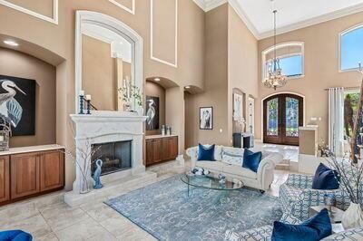 Chandelier, Fireplace, Interior, Living room, Recessed Lighting