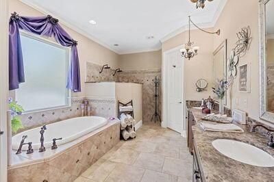 Bathroom, Chandelier, Dual Sink Vanities, Interior, Recessed Lighting