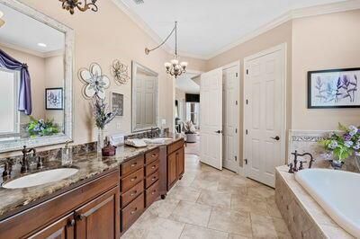 Bathroom, Chandelier, Dual Sink Vanities, Interior, Recessed Lighting