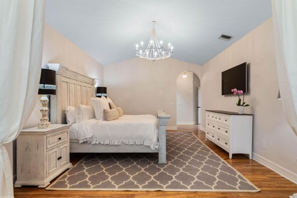 Bedroom, Chandelier, Interior, Wood Texture Flooring