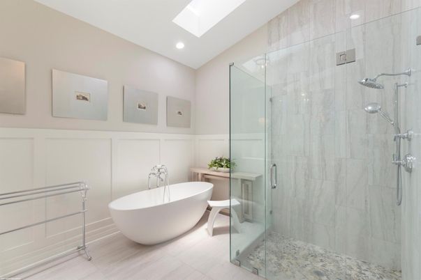 Bathroom, Free Standing Baths, Glass Shower, Interior, Marble Walls, Recessed Lighting