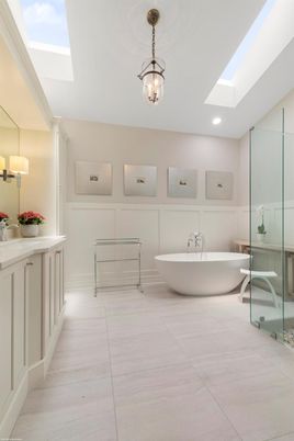 Bathroom, Free Standing Baths, Glass Shower, Interior, Recessed Lighting
