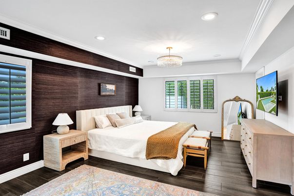 Bedroom, Chandelier, Interior, Recessed Lighting, Wood Texture Flooring