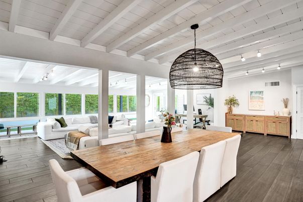 Dining room, Interior, Living room, Pendant Lights, Wood Texture Flooring