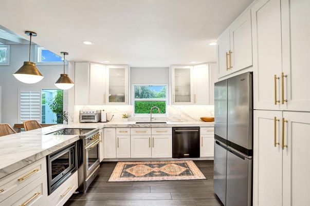 Interior, Kitchen, Pendant Lights, Recessed Lighting, Stainless Steel Appliances, Wood Texture Flooring